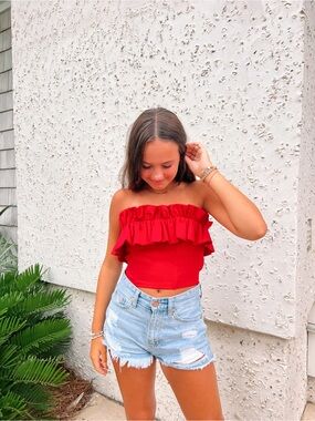 Ruffled Strapless Crop Top - Red